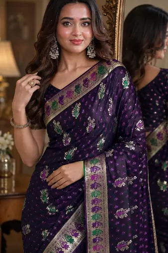 Plum soft silk blend banarasi jacuard work festive saree with unstitched blouse piece