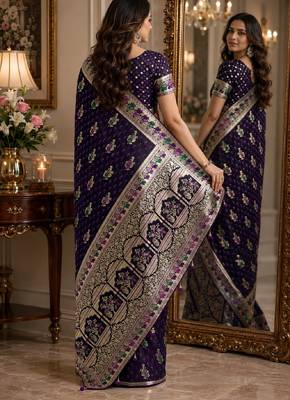 Plum soft silk blend banarasi jacuard work festive saree with unstitched blouse piece 3