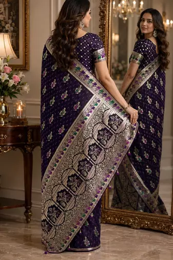 Plum soft silk blend banarasi jacuard work festive saree with unstitched blouse piece