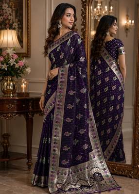 Plum soft silk blend banarasi jacuard work festive saree with unstitched blouse piece 4