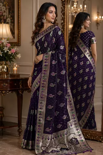 Plum soft silk blend banarasi jacuard work festive saree with unstitched blouse piece