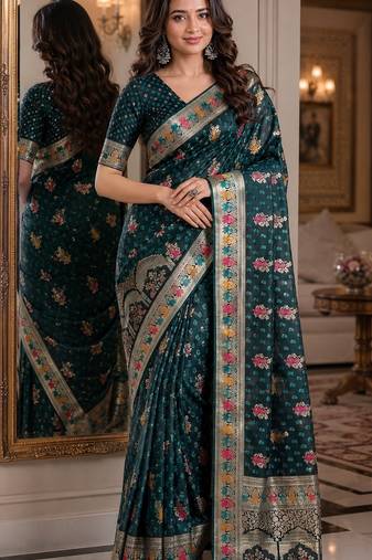 Rama soft silk blend banarasi jacuard work festive saree with unstitched blouse piece
