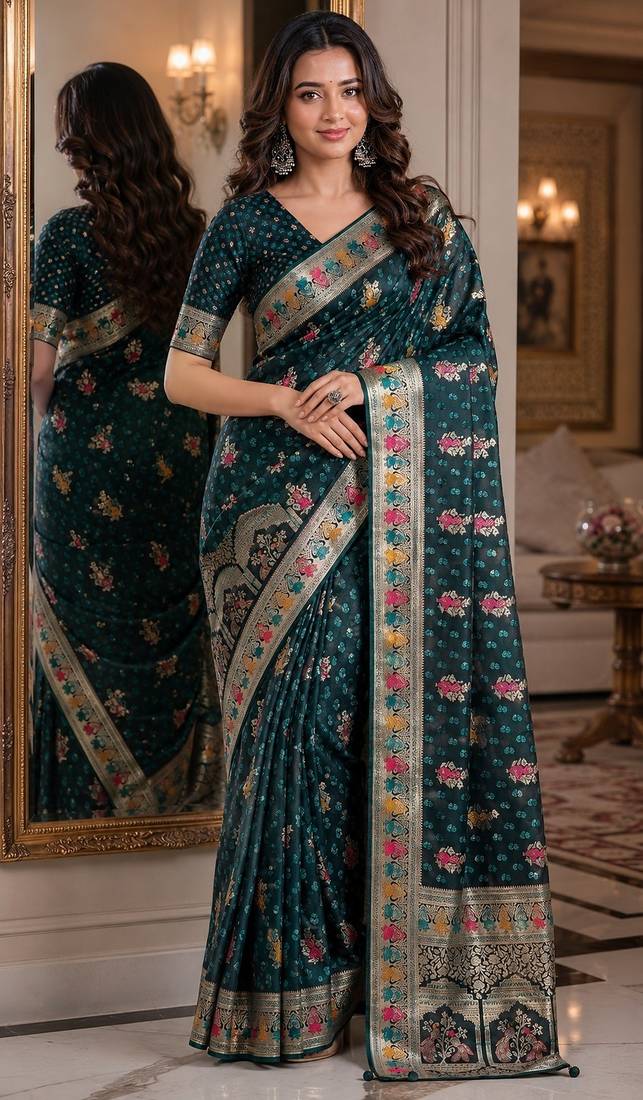 Rama soft silk blend banarasi jacuard work festive saree with unstitched blouse piece