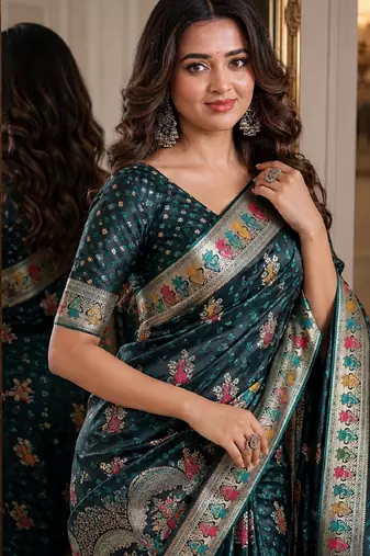 Rama soft silk blend banarasi jacuard work festive saree with unstitched blouse piece