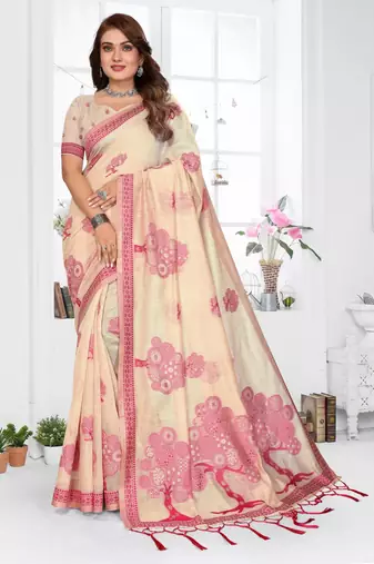 cream woven designer spun cotton blend fabric smart traditional saree