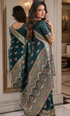 Rama soft silk blend banarasi jacuard work festive saree with unstitched blouse piece 3