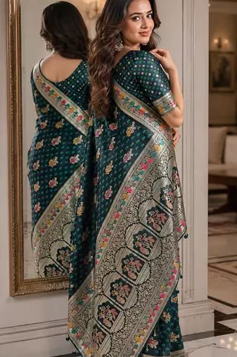 Rama soft silk blend banarasi jacuard work festive saree with unstitched blouse piece