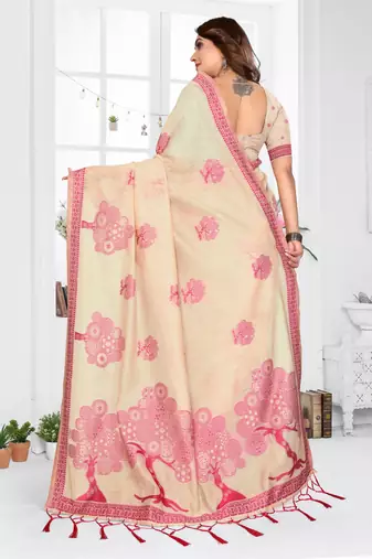 cream woven designer spun cotton blend fabric smart traditional saree