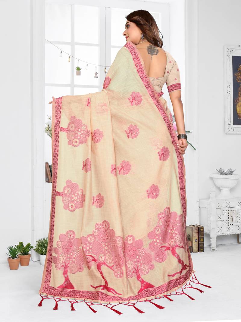 cream woven designer spun cotton blend fabric smart traditional saree