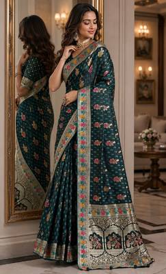 Rama soft silk blend banarasi jacuard work festive saree with unstitched blouse piece 4