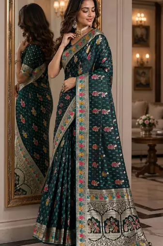 Rama soft silk blend banarasi jacuard work festive saree with unstitched blouse piece