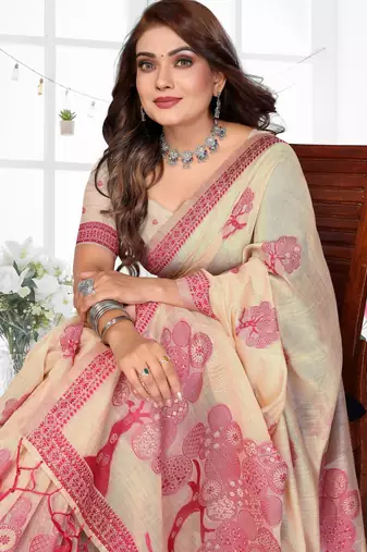 cream woven designer spun cotton blend fabric smart traditional saree