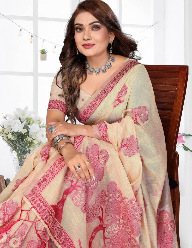 cream woven designer spun cotton blend fabric smart traditional saree