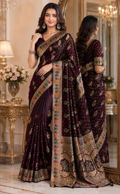 Maroon soft silk blend banarasi jacuard work festive saree with unstitched blouse piece 1