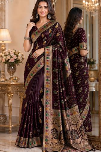 Maroon soft silk blend banarasi jacuard work festive saree with unstitched blouse piece