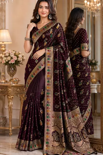 Maroon soft silk blend banarasi jacuard work festive saree with unstitched blouse piece