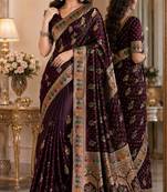 Maroon soft silk blend banarasi jacuard work festive saree with unstitched blouse piece