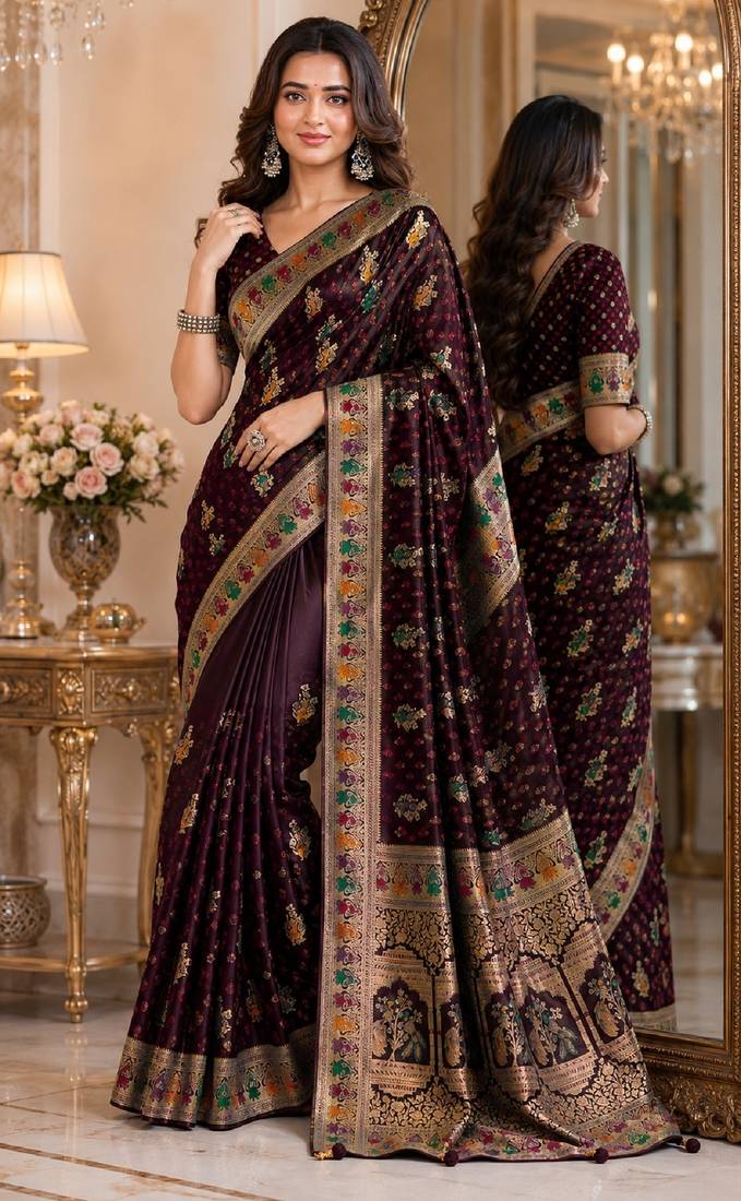 Maroon soft silk blend banarasi jacuard work festive saree with unstitched blouse piece