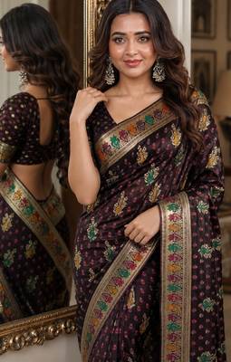 Maroon soft silk blend banarasi jacuard work festive saree with unstitched blouse piece 2