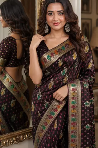 Maroon soft silk blend banarasi jacuard work festive saree with unstitched blouse piece