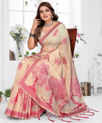 cream woven designer spun cotton blend fabric smart traditional saree 4