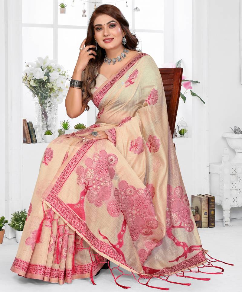 cream woven designer spun cotton blend fabric smart traditional saree