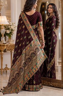 Maroon soft silk blend banarasi jacuard work festive saree with unstitched blouse piece 3