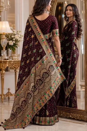 Maroon soft silk blend banarasi jacuard work festive saree with unstitched blouse piece
