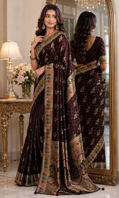 Maroon soft silk blend banarasi jacuard work festive saree with unstitched blouse piece 4
