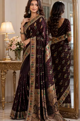 Maroon soft silk blend banarasi jacuard work festive saree with unstitched blouse piece