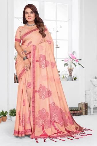 peach woven designer spun cotton blend fabric smart traditional saree