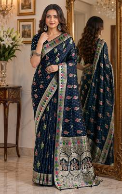 Blue soft silk blend banarasi jacuard work festive saree with unstitched blouse piece 1
