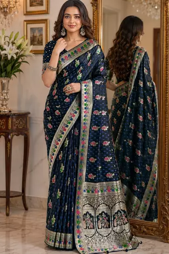 Blue soft silk blend banarasi jacuard work festive saree with unstitched blouse piece