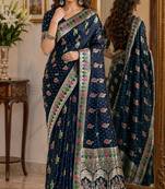 Blue soft silk blend banarasi jacuard work festive saree with unstitched blouse piece