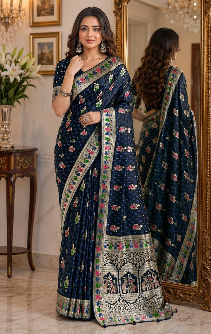 Blue soft silk blend banarasi jacuard work festive saree with unstitched blouse piece