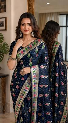 Blue soft silk blend banarasi jacuard work festive saree with unstitched blouse piece 2