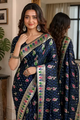 Blue soft silk blend banarasi jacuard work festive saree with unstitched blouse piece