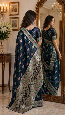 Blue soft silk blend banarasi jacuard work festive saree with unstitched blouse piece 3