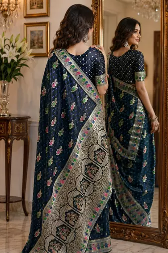Blue soft silk blend banarasi jacuard work festive saree with unstitched blouse piece