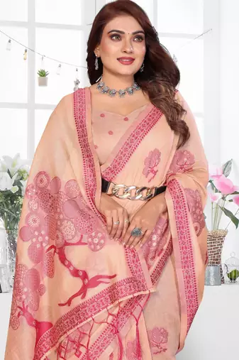 peach woven designer spun cotton blend fabric smart traditional saree