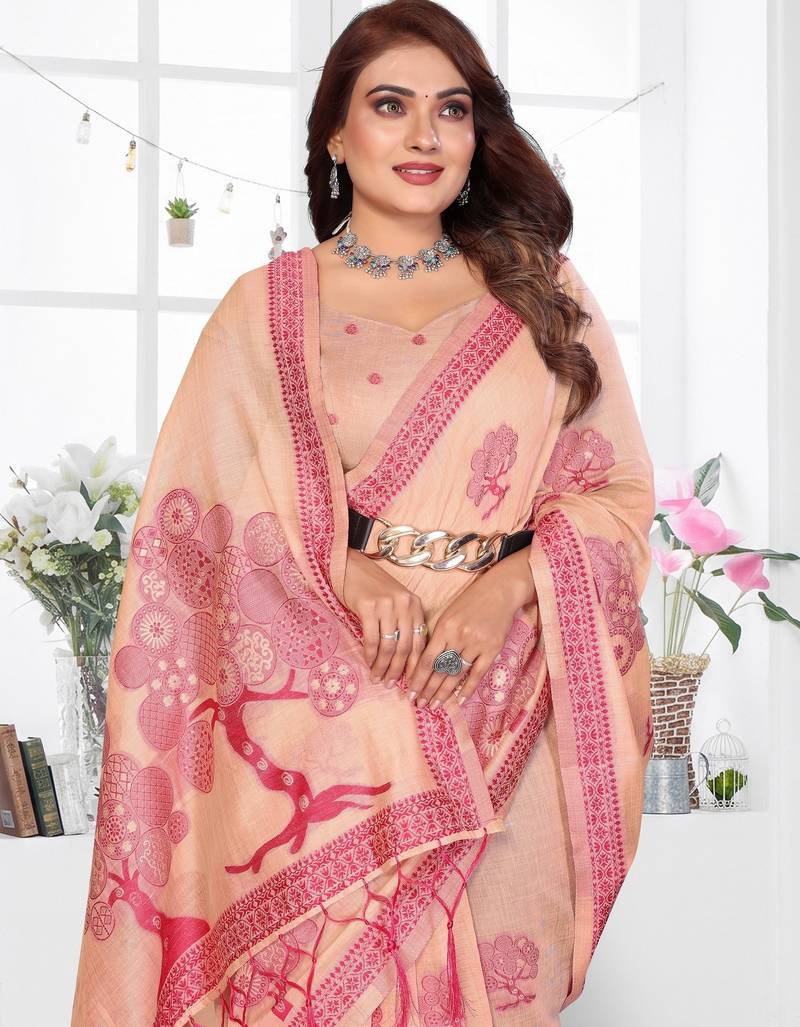 peach woven designer spun cotton blend fabric smart traditional saree