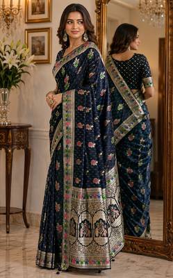 Blue soft silk blend banarasi jacuard work festive saree with unstitched blouse piece 4