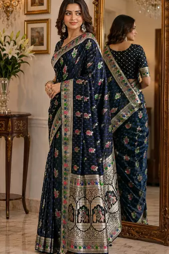 Blue soft silk blend banarasi jacuard work festive saree with unstitched blouse piece