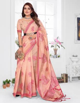 peach woven designer spun cotton blend fabric smart traditional saree 4