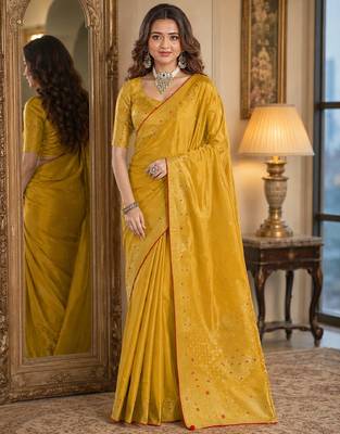 Yellow soft silk blend banarasi jacuard work festive saree with unstitched blouse piece 1