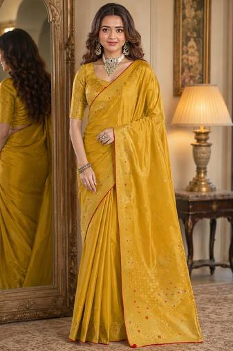 Yellow soft silk blend banarasi jacuard work festive saree with unstitched blouse piece