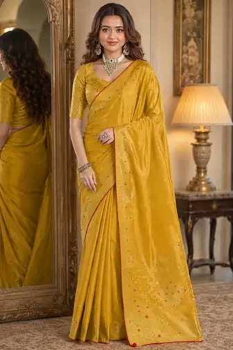 Yellow soft silk blend banarasi jacuard work festive saree with unstitched blouse piece
