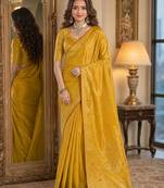 Yellow soft silk blend banarasi jacuard work festive saree with unstitched blouse piece