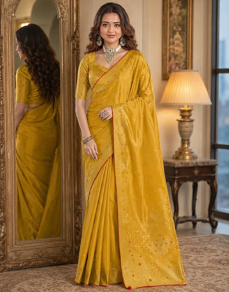 Yellow soft silk blend banarasi jacuard work festive saree with unstitched blouse piece