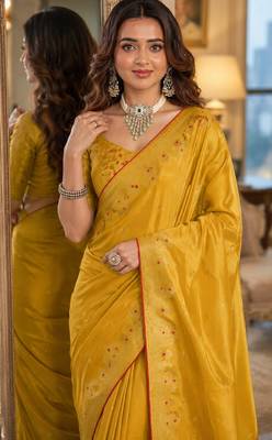 Yellow soft silk blend banarasi jacuard work festive saree with unstitched blouse piece 2